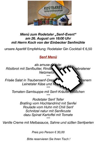 Menü Senf-Event Einbecker Senfmühle 26.08.2022 Restaurant Rodetal
